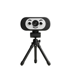 Webcam with smiley face design and tripod stand isolated against a plain, featureless setting on transparent background