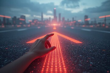 LED arrows, futuristic road, digital sidewalk, glowing arrows, raised arrows, directional travel, above ground, distant cityscape, future city, sci-fi architecture, holographic towers, neon lights, ci