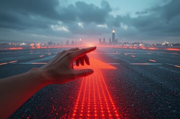 LED arrows, futuristic road, digital sidewalk, glowing arrows, raised arrows, directional travel, above ground, distant cityscape, future city, sci-fi architecture, holographic towers, neon lights, ci