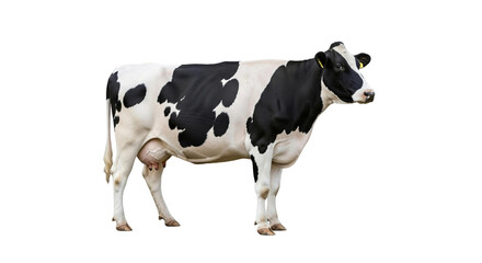 Full body view of a holstein friesian dairy cow standing facing to the left side of the frame on transparent background