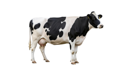 Full body view of a holstein friesian dairy cow standing facing to the left side of the frame on transparent background