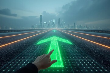 LED arrows, futuristic road, digital sidewalk, glowing arrows, raised arrows, directional travel, above ground, distant cityscape, future city, sci-fi architecture, holographic towers, neon lights, ci