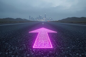 LED arrows, futuristic road, digital sidewalk, glowing arrows, raised arrows, directional travel, above ground, distant cityscape, future city, sci-fi architecture, holographic towers, neon lights, ci