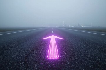 LED arrows, futuristic road, digital sidewalk, glowing arrows, raised arrows, directional travel, above ground, distant cityscape, future city, sci-fi architecture, holographic towers, neon lights, ci