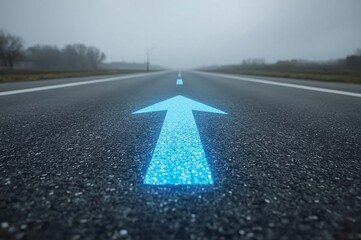 LED arrows, futuristic road, digital sidewalk, glowing arrows, raised arrows, directional travel, above ground, distant cityscape, future city, sci-fi architecture, holographic towers, neon lights, ci