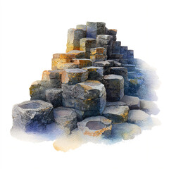 A solitary watercolor radiant Giant's Causeway with basalt columns