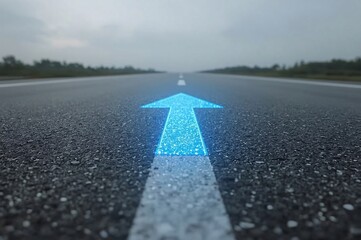 LED arrows, futuristic road, digital sidewalk, glowing arrows, raised arrows, directional travel, above ground, distant cityscape, future city, sci-fi architecture, holographic towers, neon lights, ci
