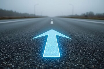 LED arrows, futuristic road, digital sidewalk, glowing arrows, raised arrows, directional travel, above ground, distant cityscape, future city, sci-fi architecture, holographic towers, neon lights, ci
