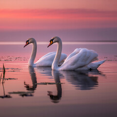 Two Elegant Swans Swimming at Sunset on Calm Water