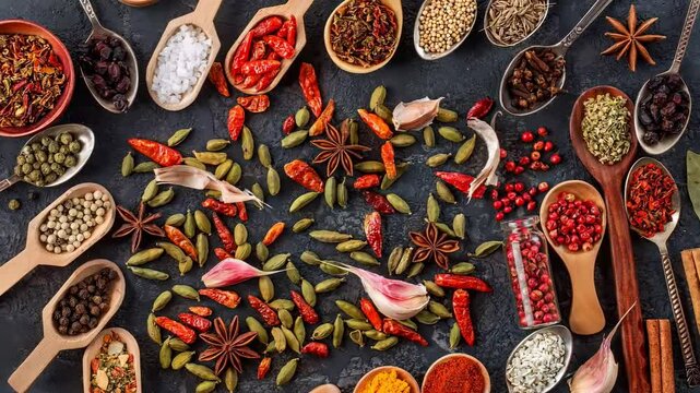 indian Spices and herbs for cooking  in wooden spoons. Various spices  on dark stone table.  Colorful spices, top view.  Flat lay
