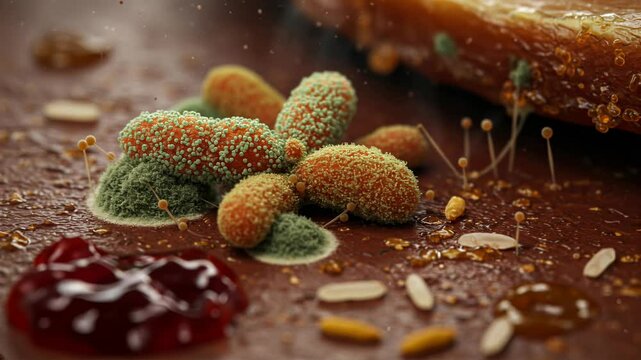 Cluster of yeast and mold cells thriving in a moist kitchen environment, surrounded by food residues and condensation