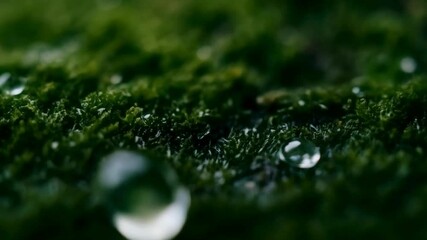 Water droplets rolling on green moss - Powered by Adobe
