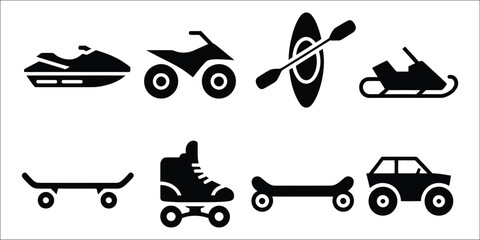 Flat solid style icons for recreational transport including jet ski, atv icon, kayak, snowmobile, skateboard, rollerblades, hoverboard, and dune buggy perfect for outdoor and sport themes

