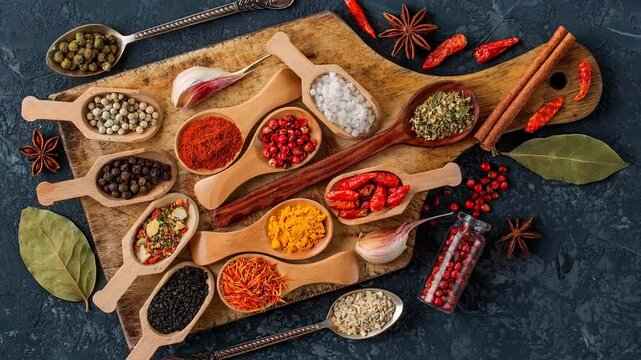 indian Spices and herbs for cooking  in wooden spoons. Various spices  on dark stone table.  Colorful spices, top view.  Flat lay