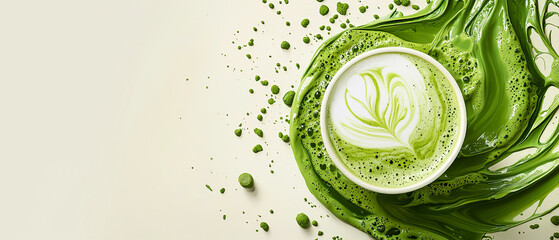 A vibrant matcha latte with a swirling green splash and delicate foam art. Banner for beverage ads, health campaigns, or trendy cafe promotions.