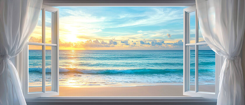 Open window with sheer curtains revealing a beach view, featuring calm ocean waves, sandy shore, and a distant cliff under a bright sunrise. Travel, resort, hotel ads or vacation promotions. 