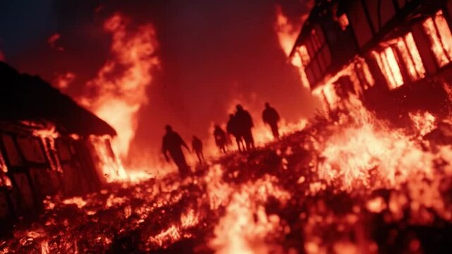 Village Burns In Raging Fire As Silhouetted Villagers Wander