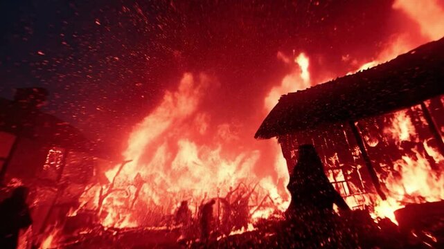 Village Burns In Raging Fire As Silhouetted Villagers Wander