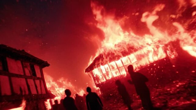 Village Burns In Raging Fire As Silhouetted Villagers Wander