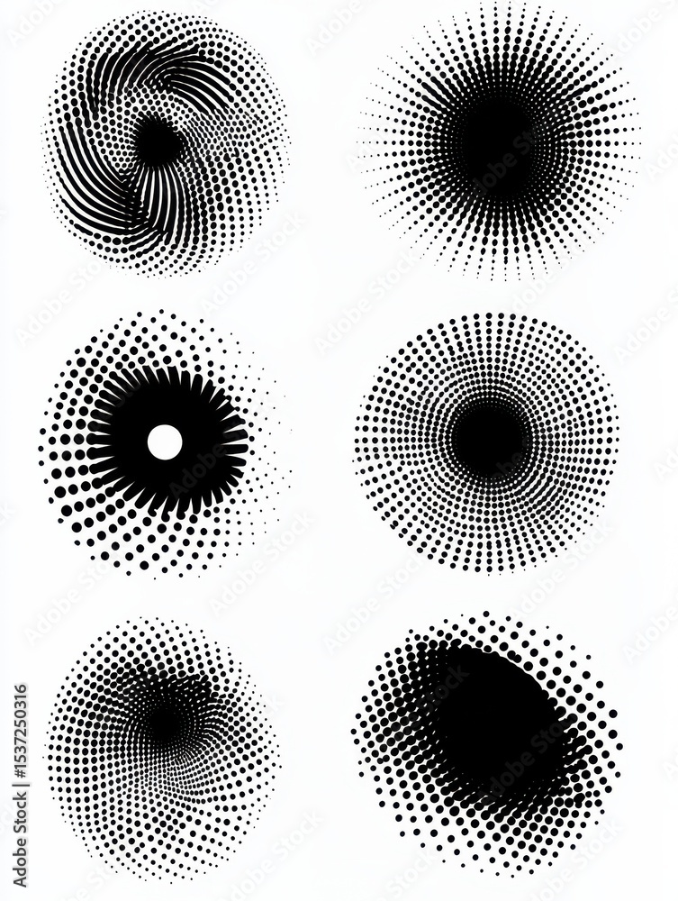 Poster abstract black dots in circular shape vector elements set, halftone pattern isolated on a white back