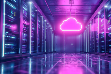Futuristic data center with neon cloud symbol in a vibrant technological environment
