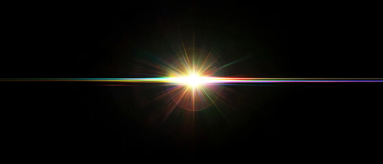 Naklejka premium Vivid light flare with colorful spectrum lines radiating across a black background. A dynamic abstract burst for technology, energy, or creative visual concepts.