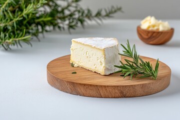 Creamy cheese wedge with rosemary on wooden board still life gourmet cuisine