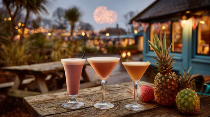 Fototapeta premium Margarita cocktail. Margarita with ice. Frozen margarita cocktail. Cocktail on the bar at the fair on Independence Day of the USA. Festive festivities at the July 4th fair in the USA. A paper flag of 