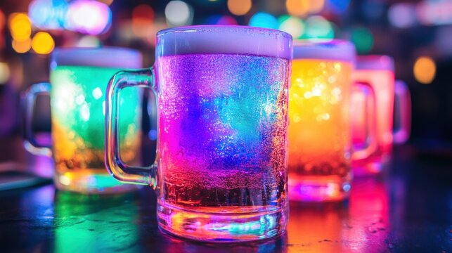 Colorful illuminated mugs of beer in a lively bar at night