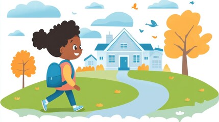 simple learning clipart, child wearing backpack walking toward school, minimal background elements, flat 2D animation style, gentle cool lighting, inspiring back-to-school mood