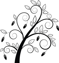 Stylized Black Tree with Swirls and Acorns