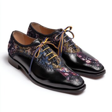 A pair of shoes with a yellow and blue shoelace