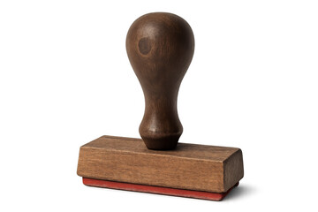 Classic wooden rubber stamp standing upright, ready for use, isolated on a transparent background