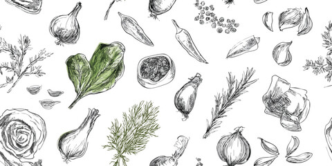 Hand-Drawn Vegetables and Herbs Monochrome Seamless Pattern. Healthy Produce Botanical Kitchen Design for textile, packaging, fabric, wallpaper, branding, stationery, wrapping paper interior decor.