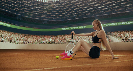 Woman tennis player playing tennis in professional tennis stadium.