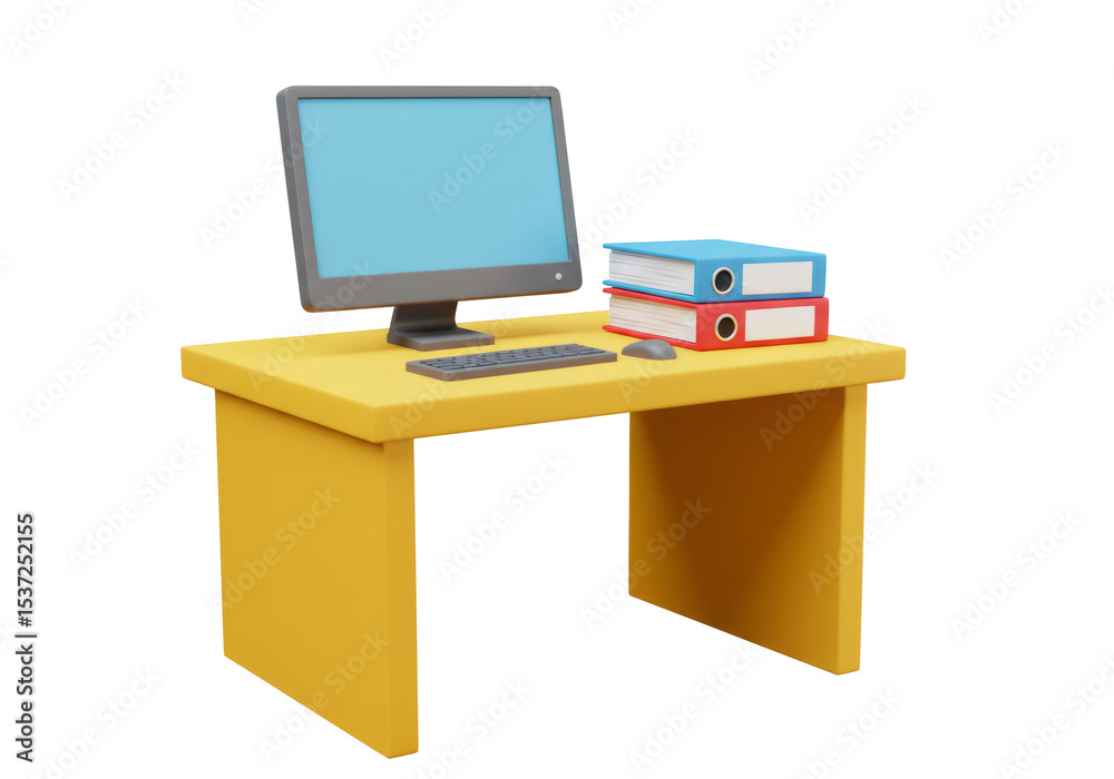 Aufkleber yellow desk with computer monitor and files stacked in a transparent background