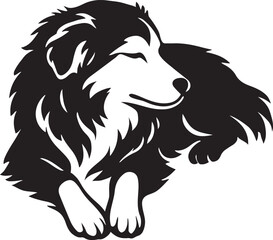 Relaxed border collie silhouette dog style, Calm dog laying black and white pose