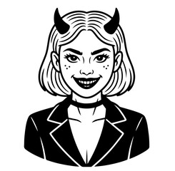 Woman in Devil Costume with Horns, Halloween Female Character, Evil Look with Blazer, Festive Cosplay Outfit, Spooky Party Theme, Dark Humor