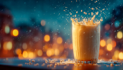 Splashing milk in a glass with a blurred bokeh city lights background