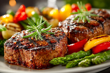 Grilled steaks with colorful vegetable garnishes and fresh herbs
