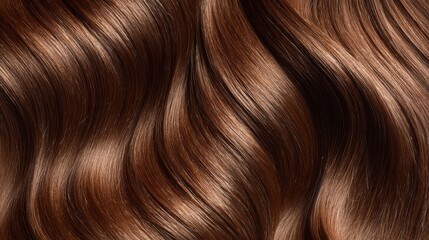 Long, shiny brown hair displays soft waves that catch the light beautifully. The vibrant strands create an elegant look, perfect for showcasing hair styling techniques in a salon setting