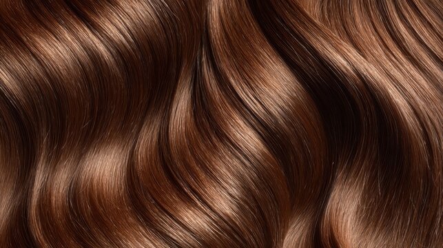 Long, shiny brown hair displays soft waves that catch the light beautifully. The vibrant strands create an elegant look, perfect for showcasing hair styling techniques in a salon setting