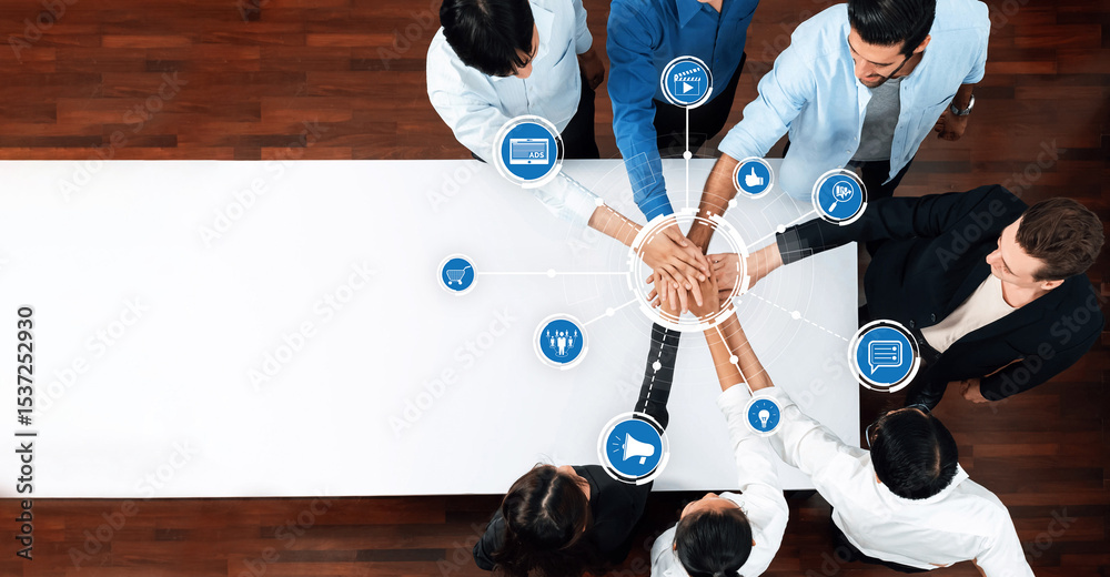 Poster a diverse group of professionals comes together in a modern office space to symbolize teamwork and c