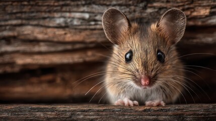 A curious small mouse with large ears observes its surroundings from a cozy spot between wooden logs on a sunny day. Its whiskers twitch as it explores the environment