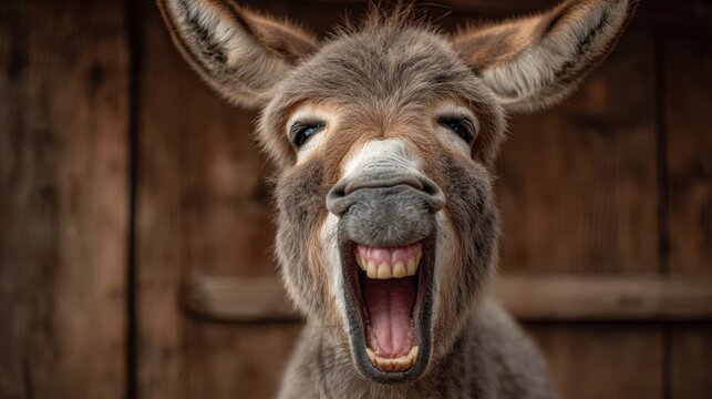 A joyful donkey is grinning widely, revealing its teeth against a backdrop of weathered wooden fencing. The animal appears to be engaged and lively in the warm daylight of a farm environment