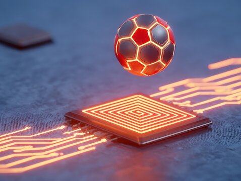 Futuristic soccer ball over circuit board