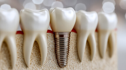 Close-up of dental implants and healthy teeth in mouth