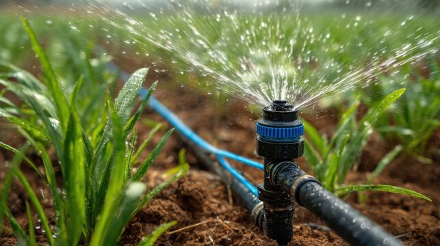 Water sprays from a sprinkler system, soaking the vibrant green crops in a farmland setting during daylight. This efficient irrigation method promotes healthy growth