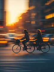 Two people riding a bicycle in the busy city on the evening