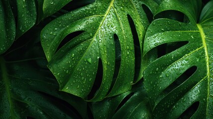 Obraz premium Lush green monstera leaves covered in tiny raindrops create a vibrant and fresh atmosphere in a tropical environment. The sunlight enhances the colors and details of the leaves